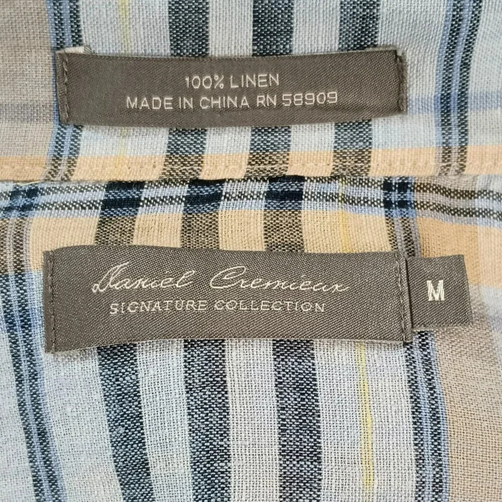 Daniel Cremieux Plaid Linen Shirt M Blue Short Sleeve Button Down Front Pocket